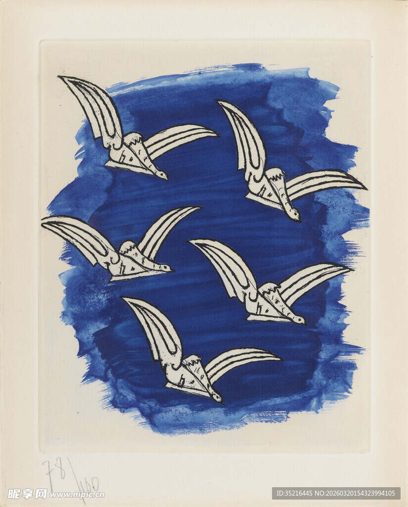 蓝底飞鸟水彩艺术图案