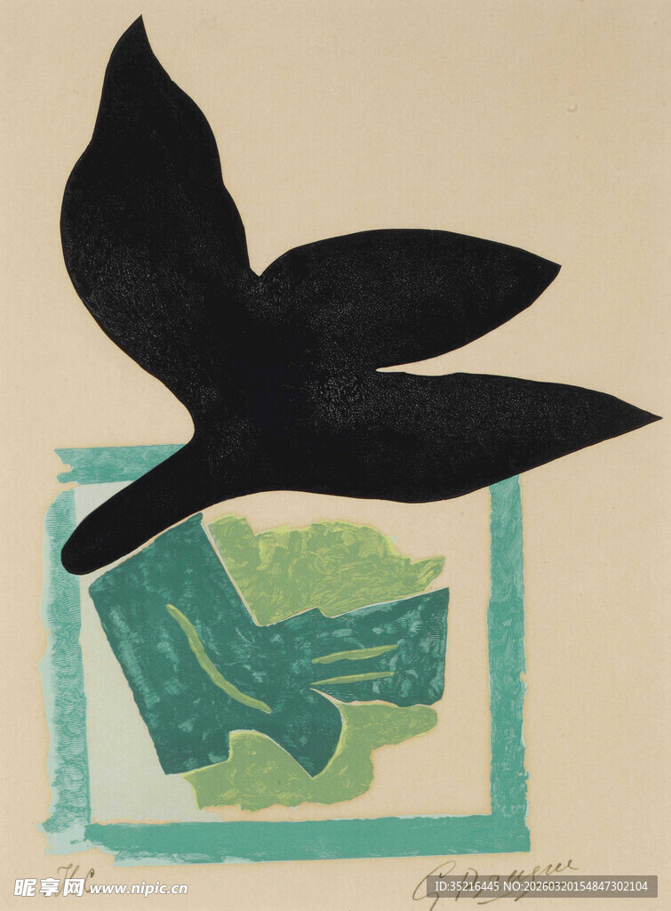 抽象飞鸟与几何图案画作