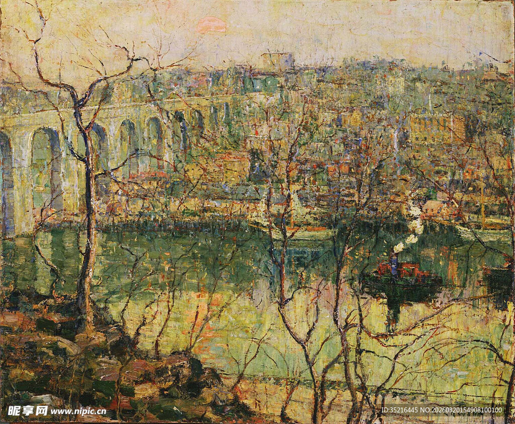 河畔城市风景绘画作品