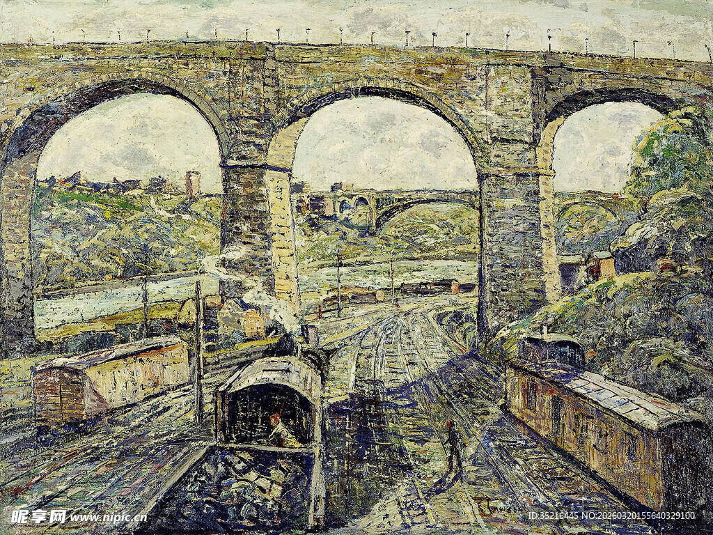 复古铁路桥旁的行驶火车