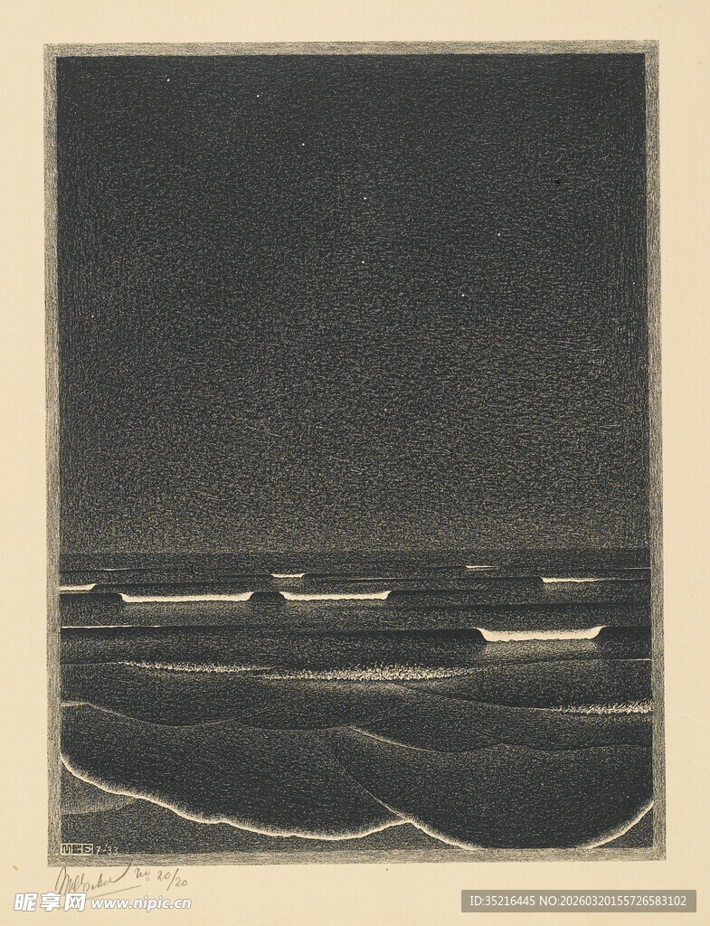 海边夜景木刻版画