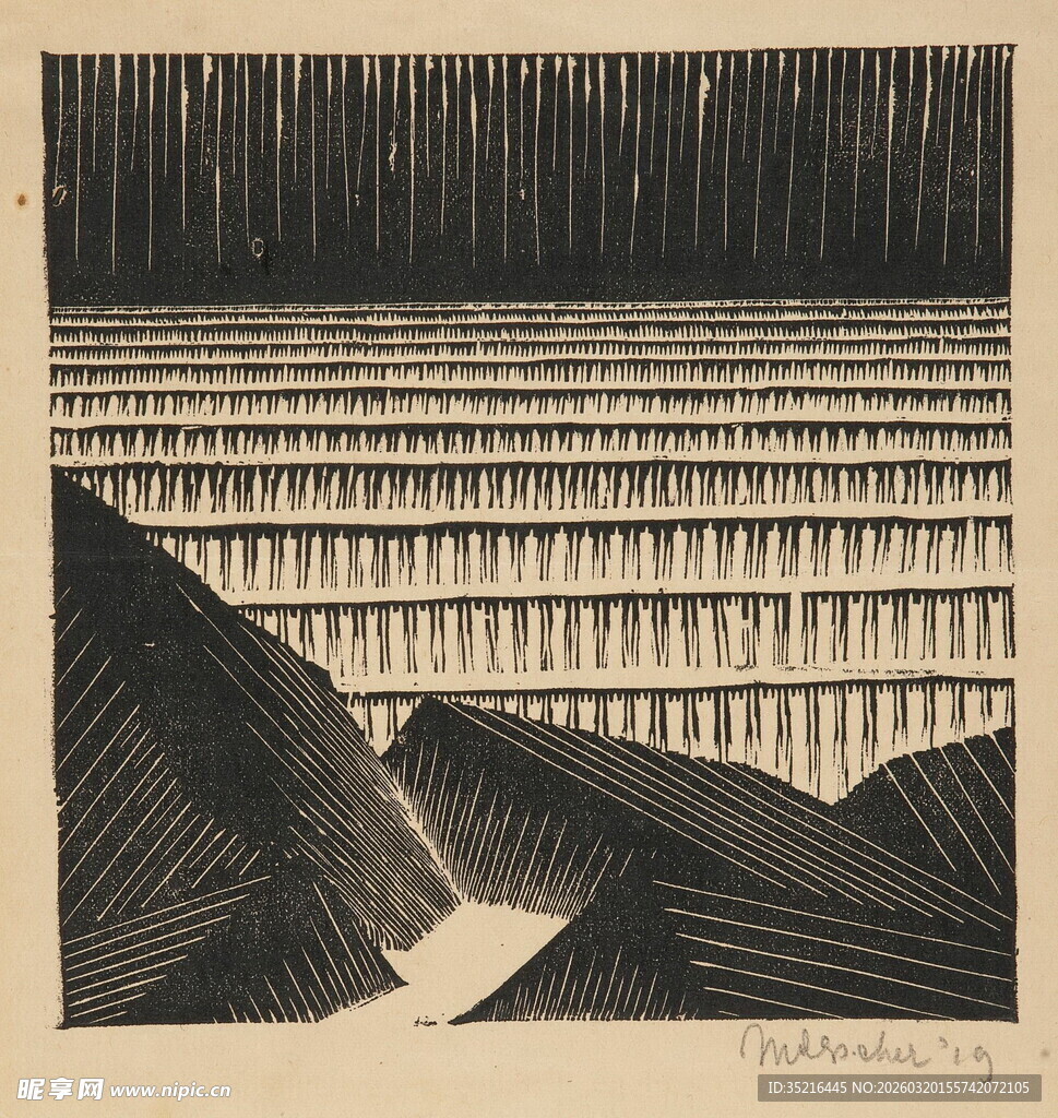 黑白山林版画风景