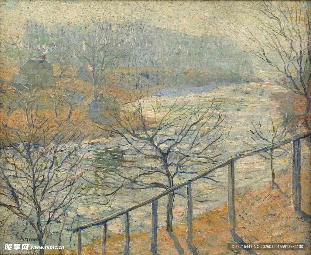 秋日河畔栏杆旁风景