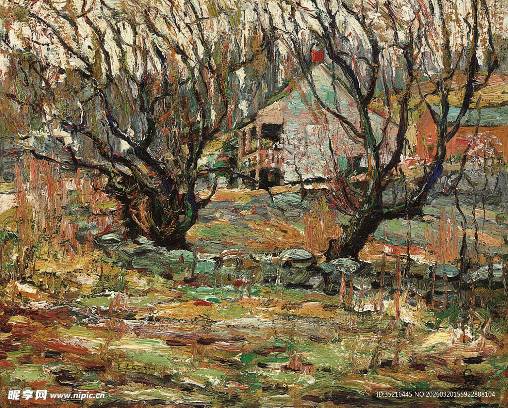 乡村冬日景象油画