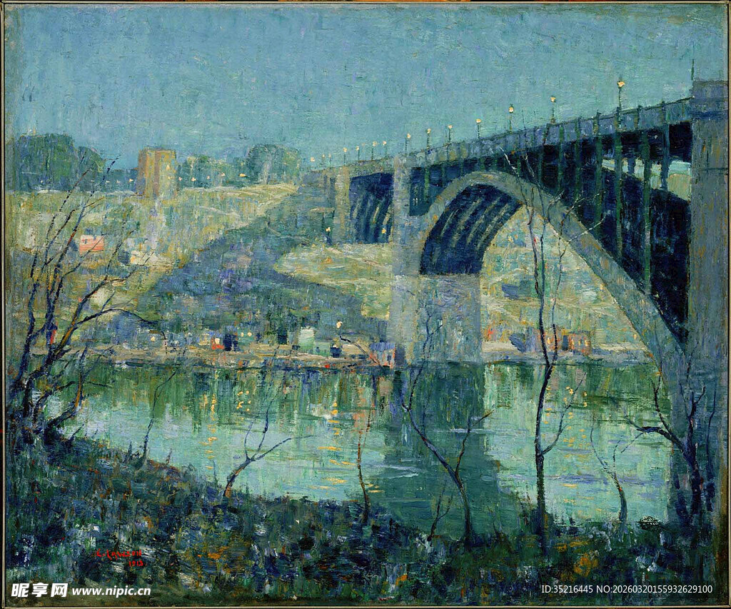 河畔桥梁风景油画