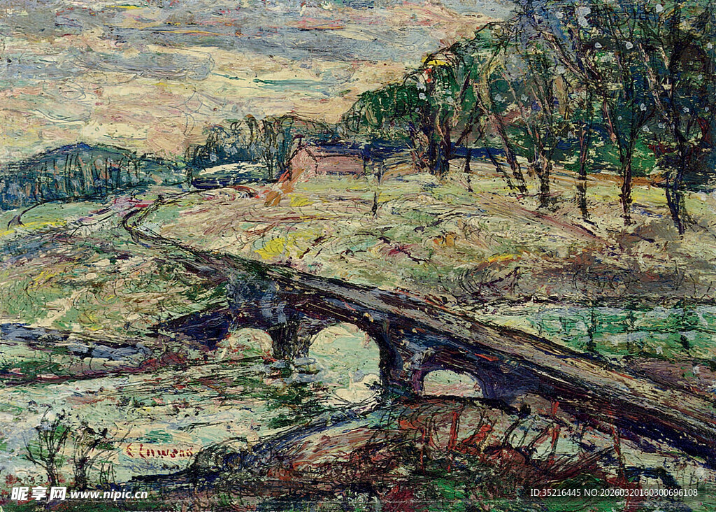 乡村石桥风景油画