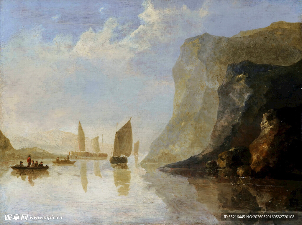 海上帆船与山峦风景图