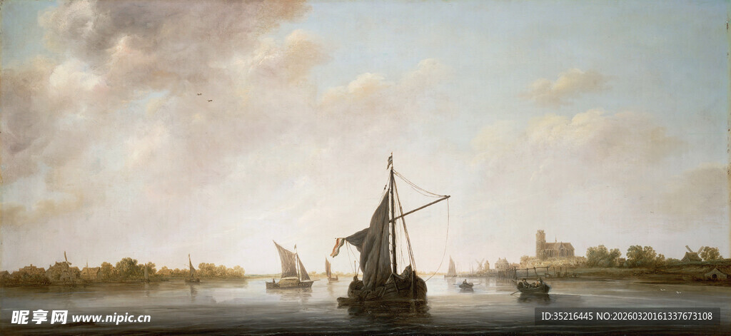 河畔风车风景图