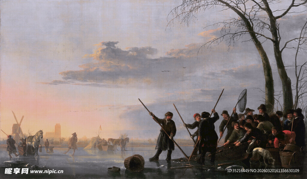 冬日湖边人群活动场景