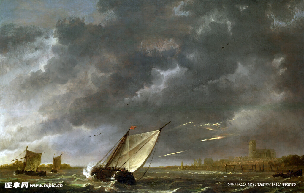 海上狂风中的航行帆船