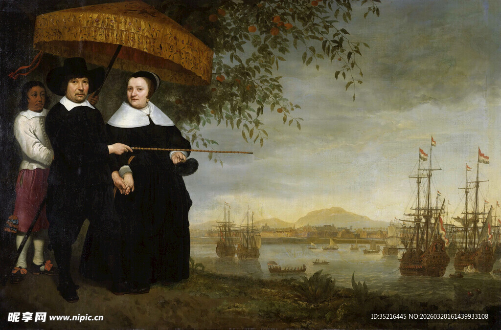 古典人物与海港风景图