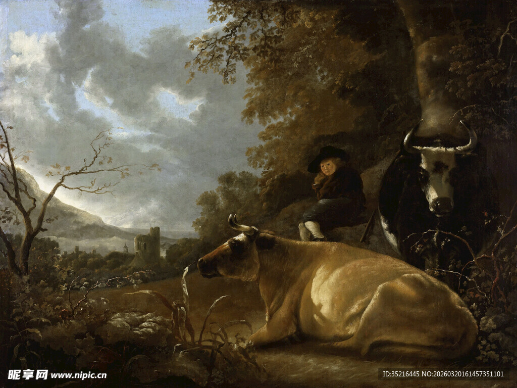 田园休憩场景中的人物与牛