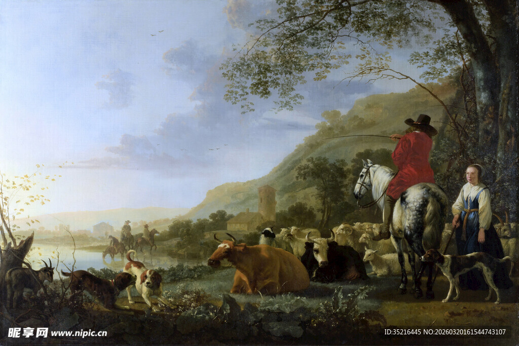 田园骑马狩猎场景画作