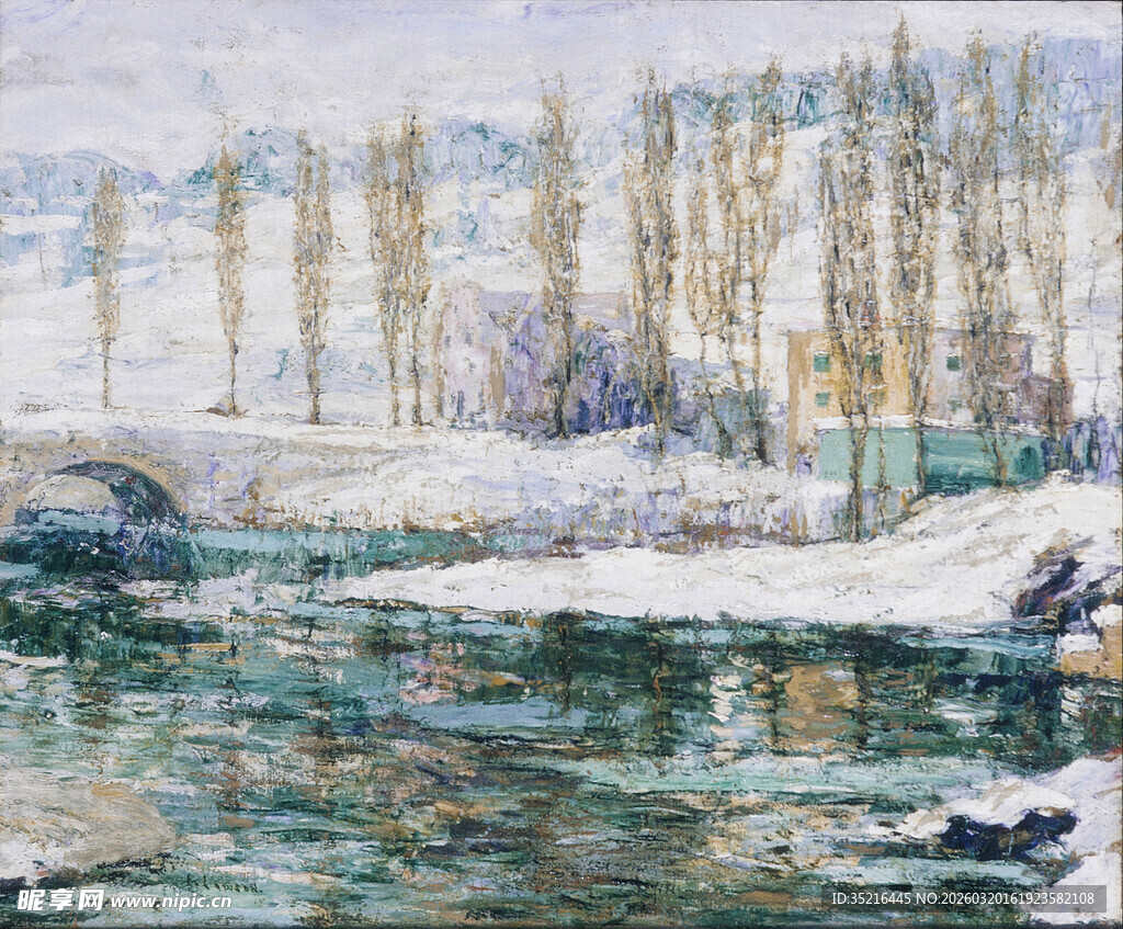 冬日河畔雪景油画