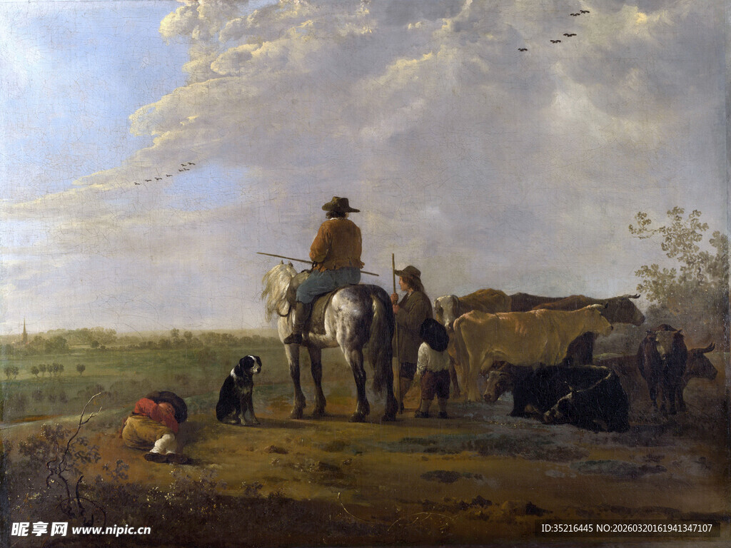 乡村骑马场景油画