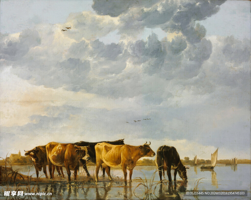 河边群马饮水油画场景