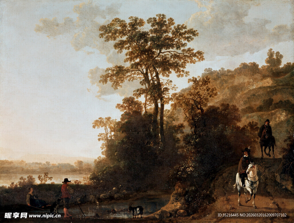 河畔风景与行人