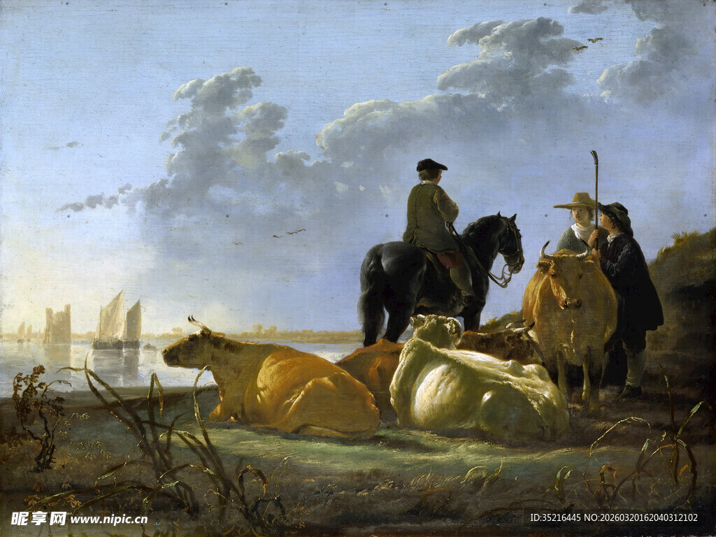 海岸边的人物与马匹场景