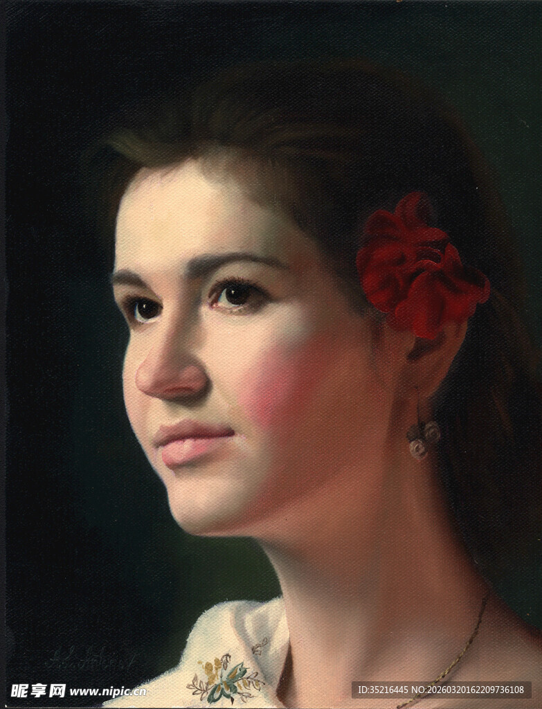 头戴红花的古典女子肖像