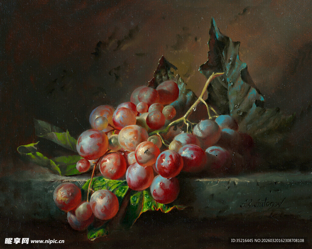 静物葡萄油画特写