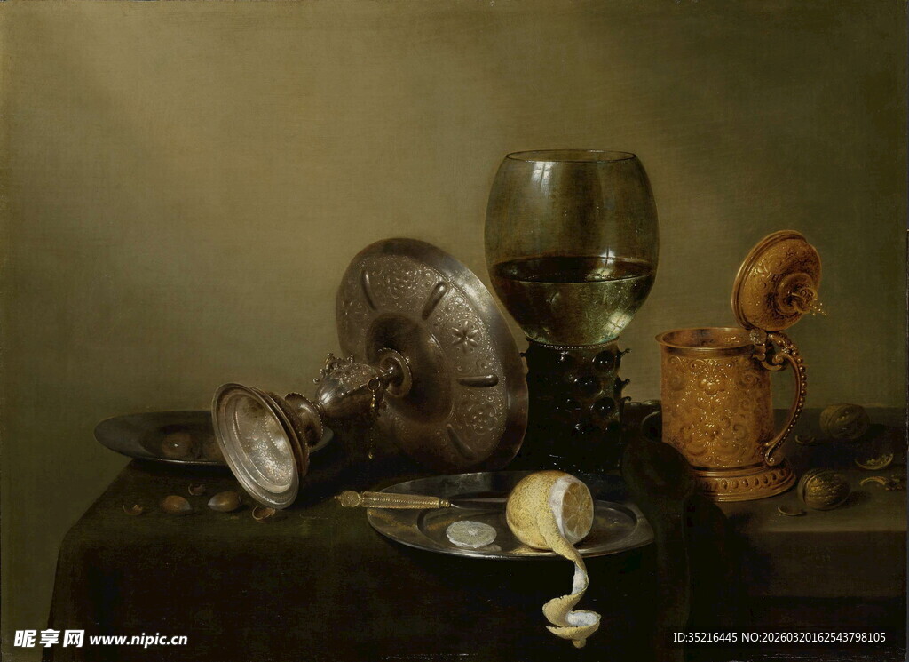 古典静物油画中的酒杯与物