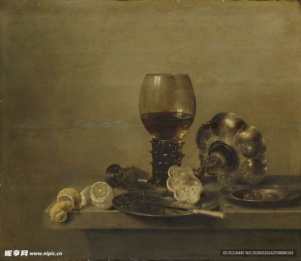 古典静物油画中的酒杯与物