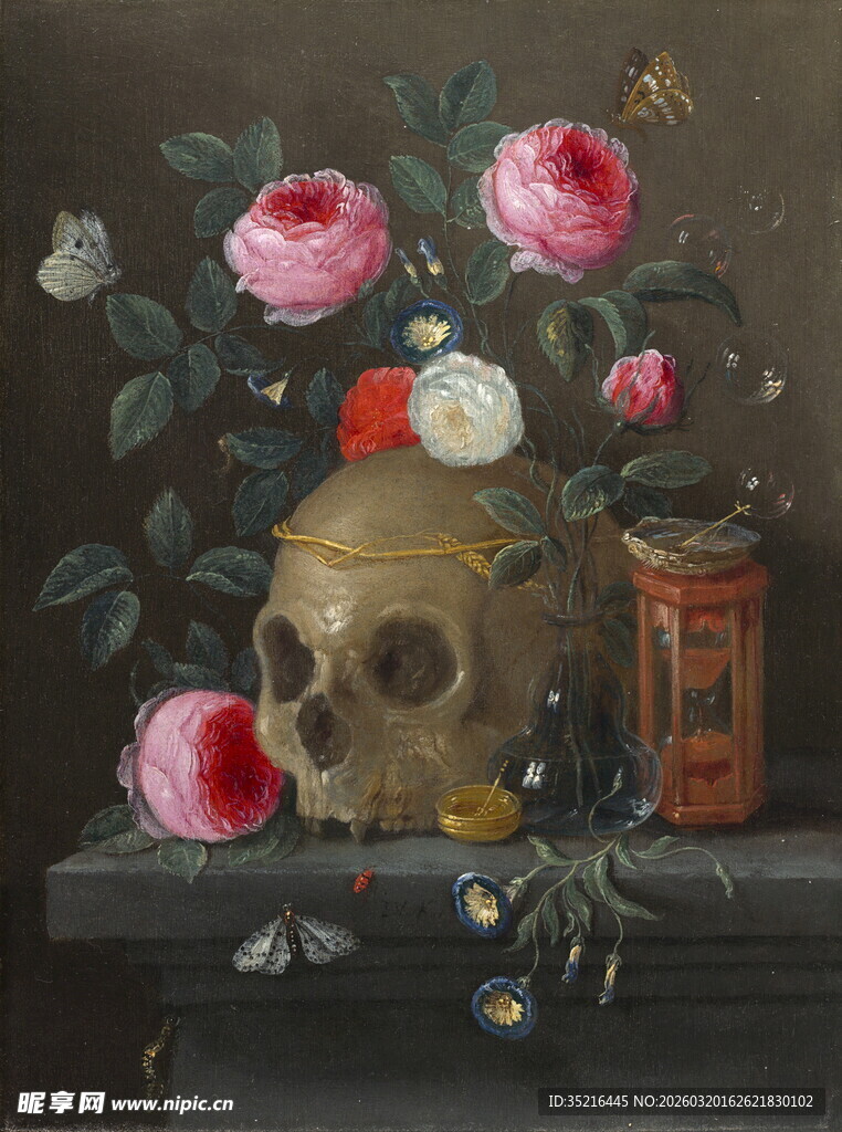 骷髅旁的花卉静物画