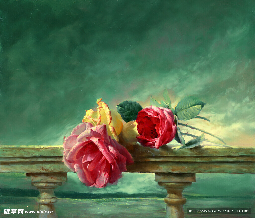 石栏上的多彩娇艳花朵