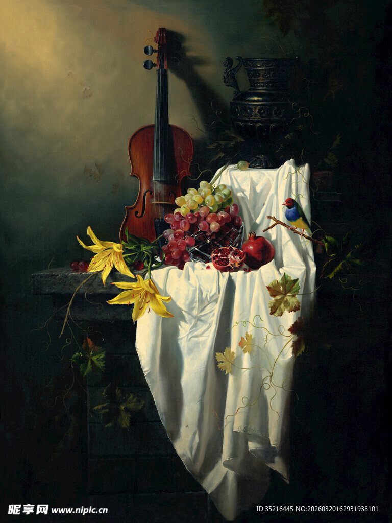 静物油画中的小提琴与花卉