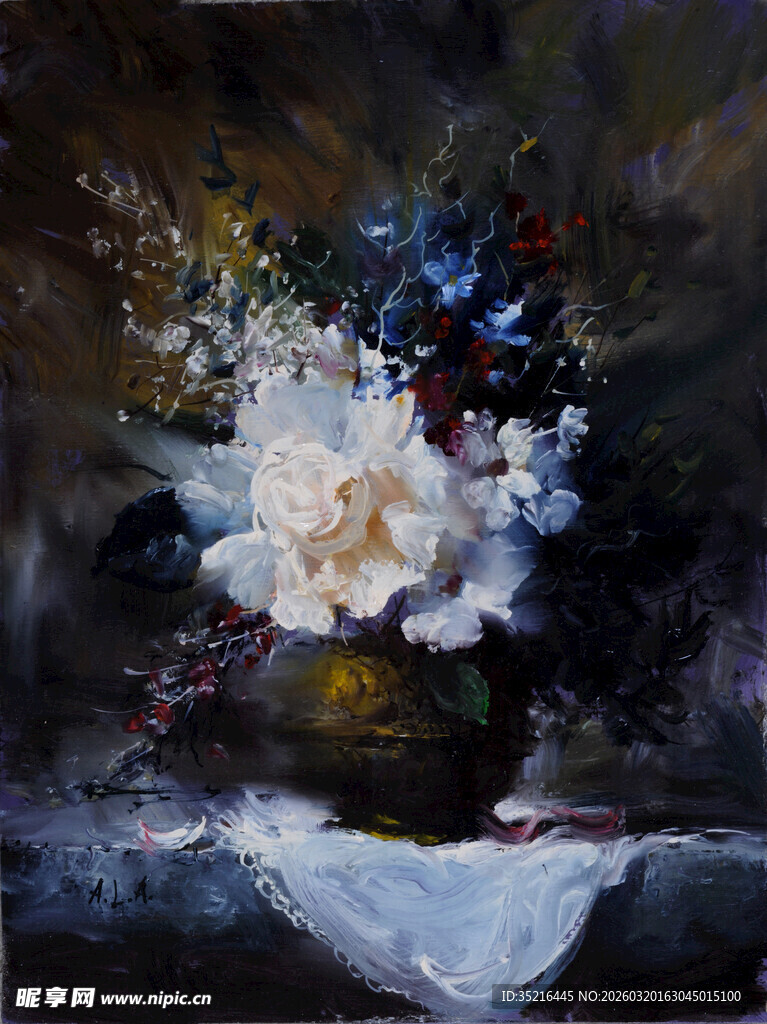 油画中的繁花瓷瓶静物