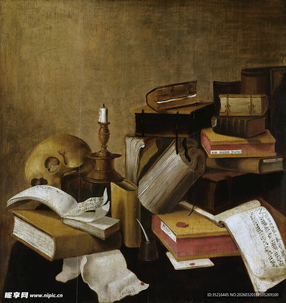 书籍骷髅与烛台