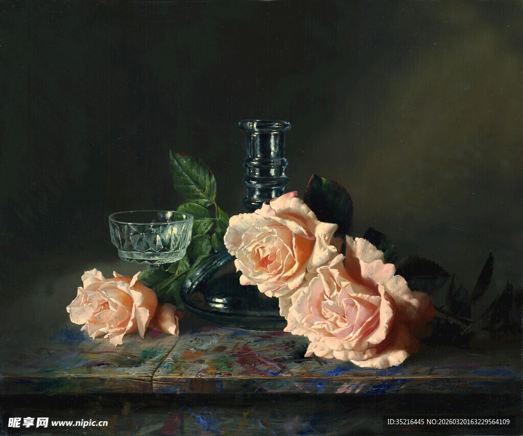 静物油画中的玫瑰与器皿
