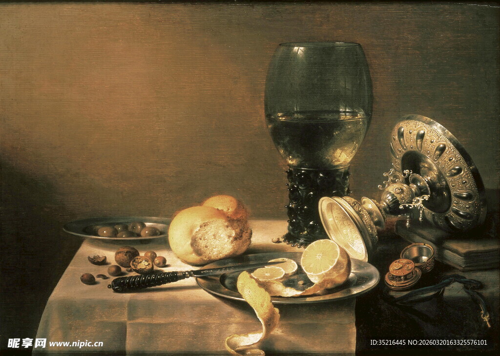 静物油画中的酒杯与食物