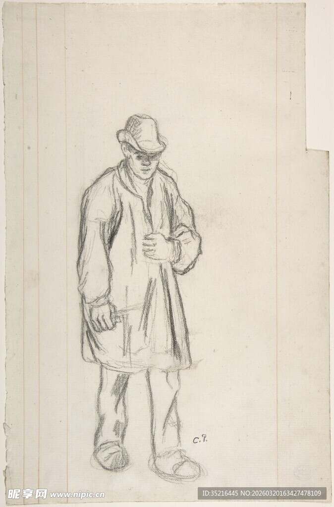 戴帽男子站立姿态素描