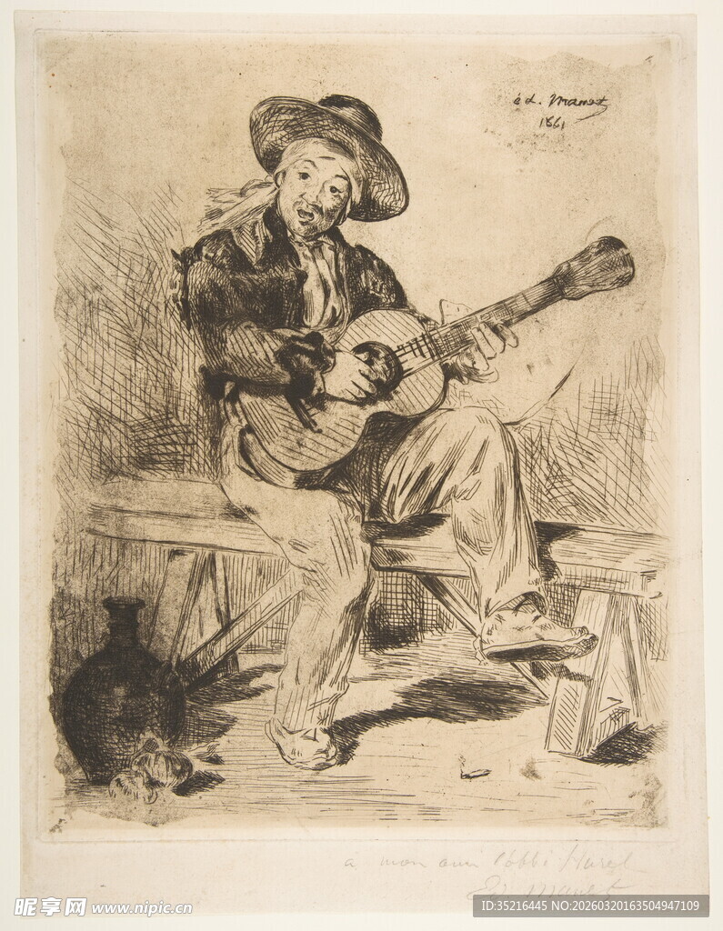 弹吉他的男子复古素描画