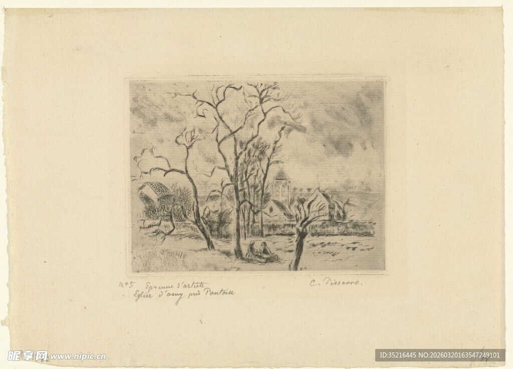 冬日树木风景素描画