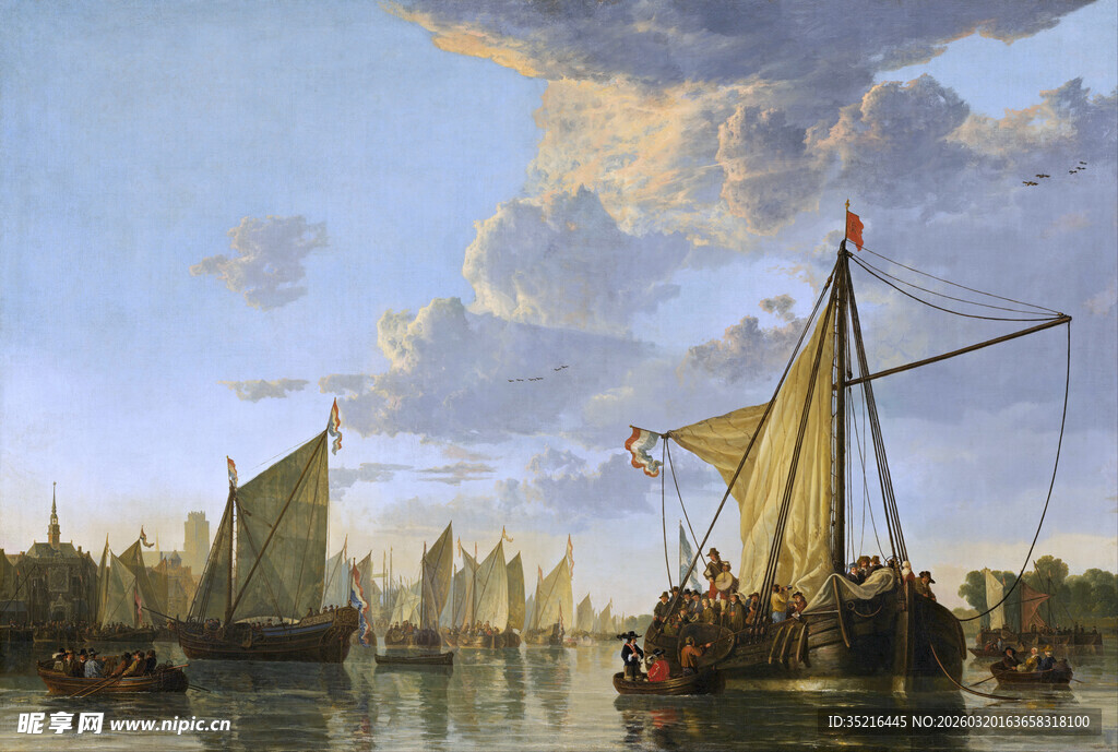 港口帆船风景油画