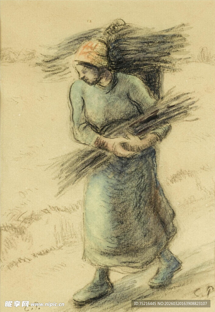 背着柴禾行走的古代人物