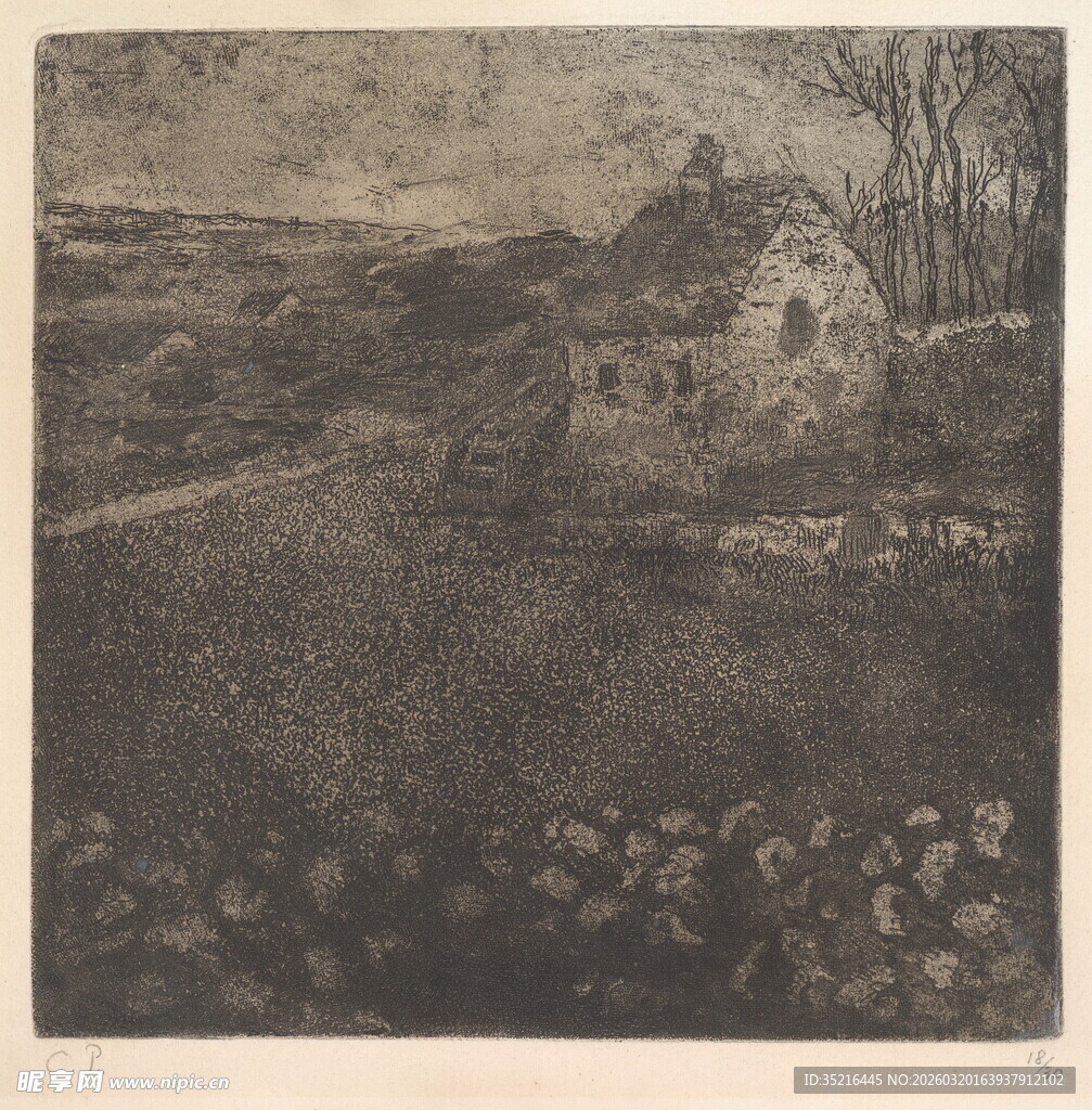 乡村风景素描画