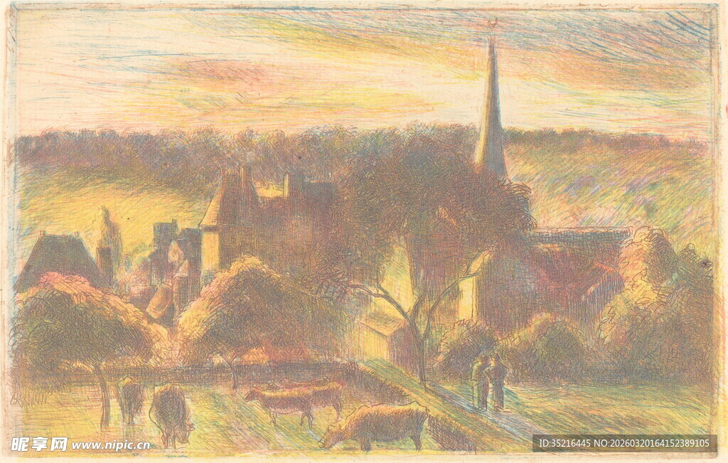 乡村黄昏美景油画