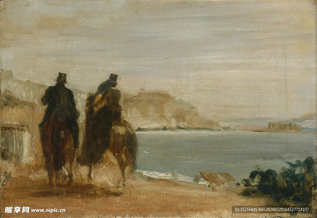 海岸边的双人骑马风景