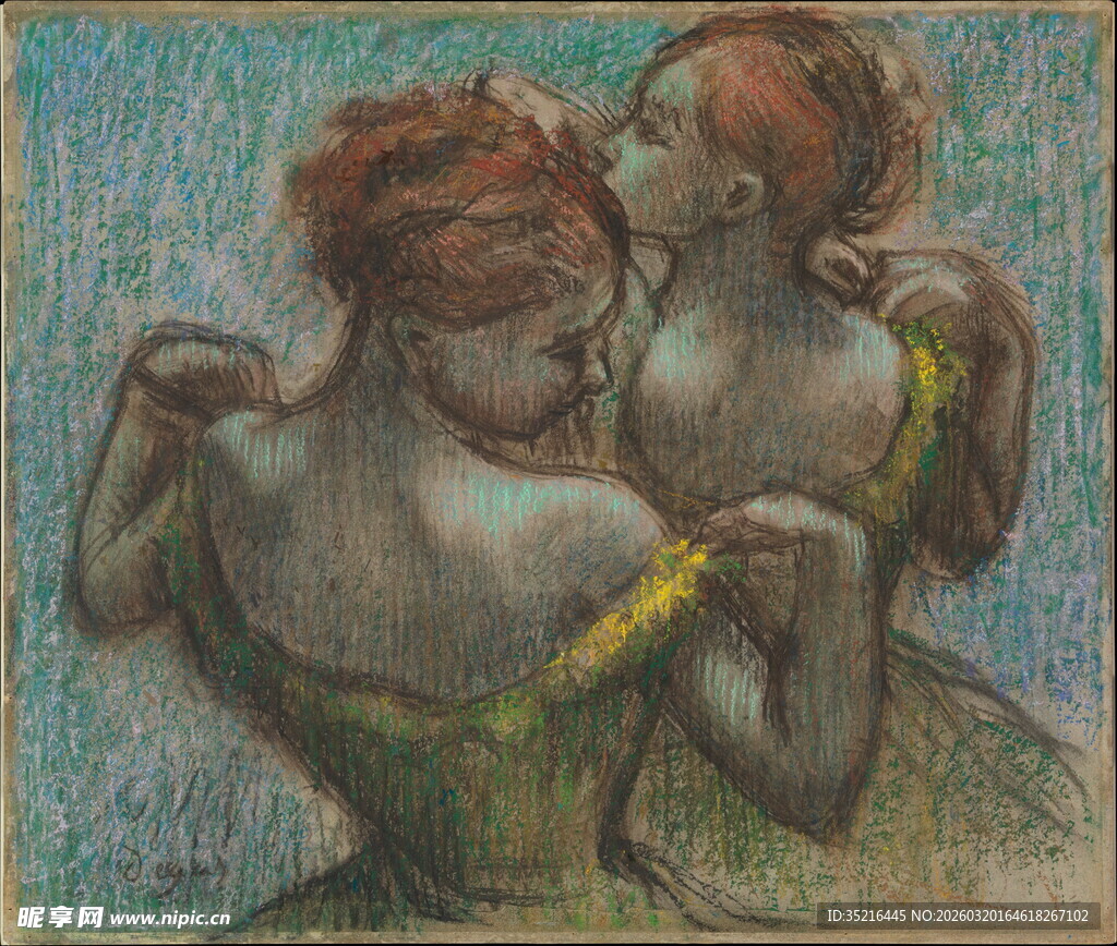 亲密相拥的女性背影油画
