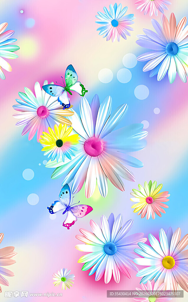 梦幻花卉与蝴蝶插画