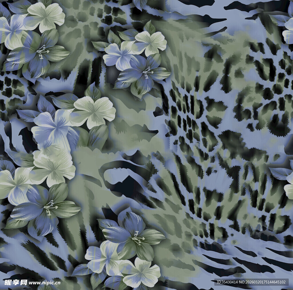 蓝绿花卉与纹理图案