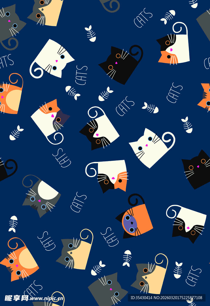 猫咪图案的深蓝色背景布料