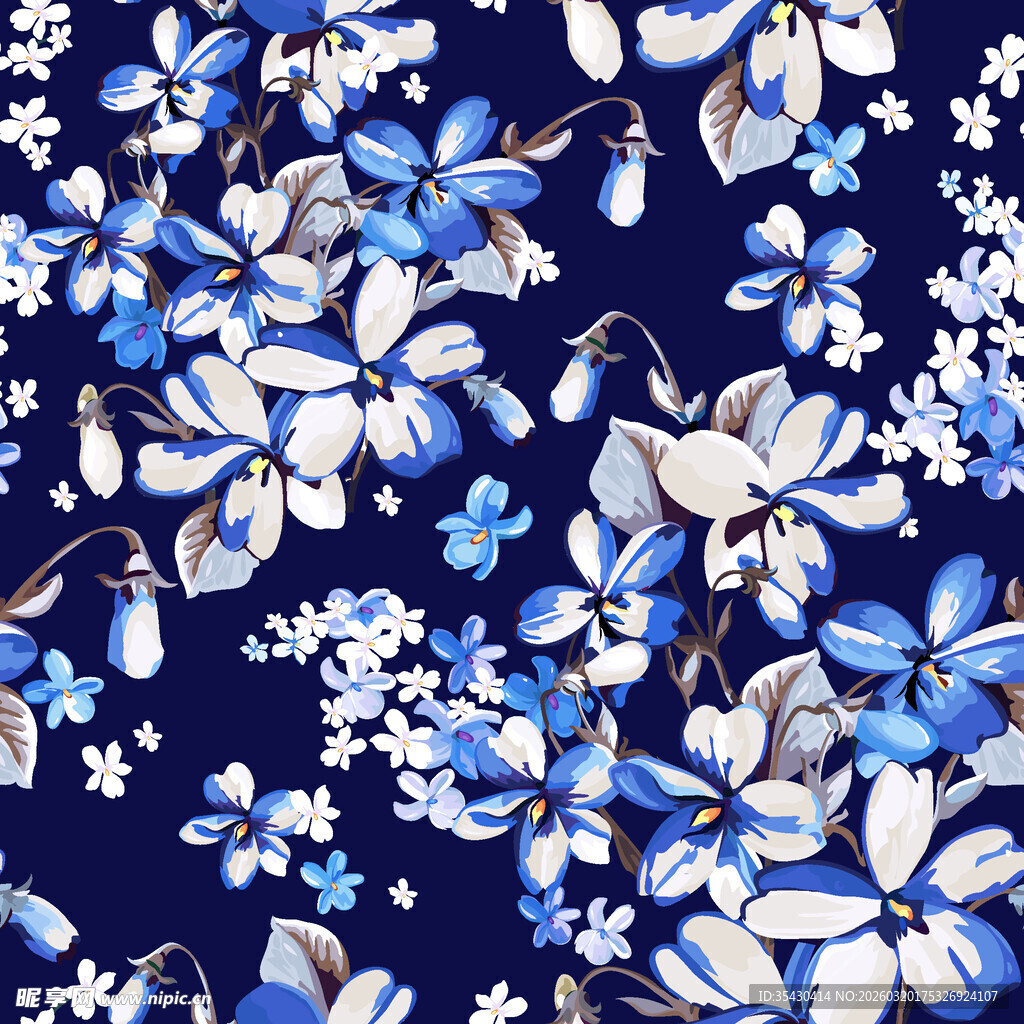 蓝白花卉图案布料纹理