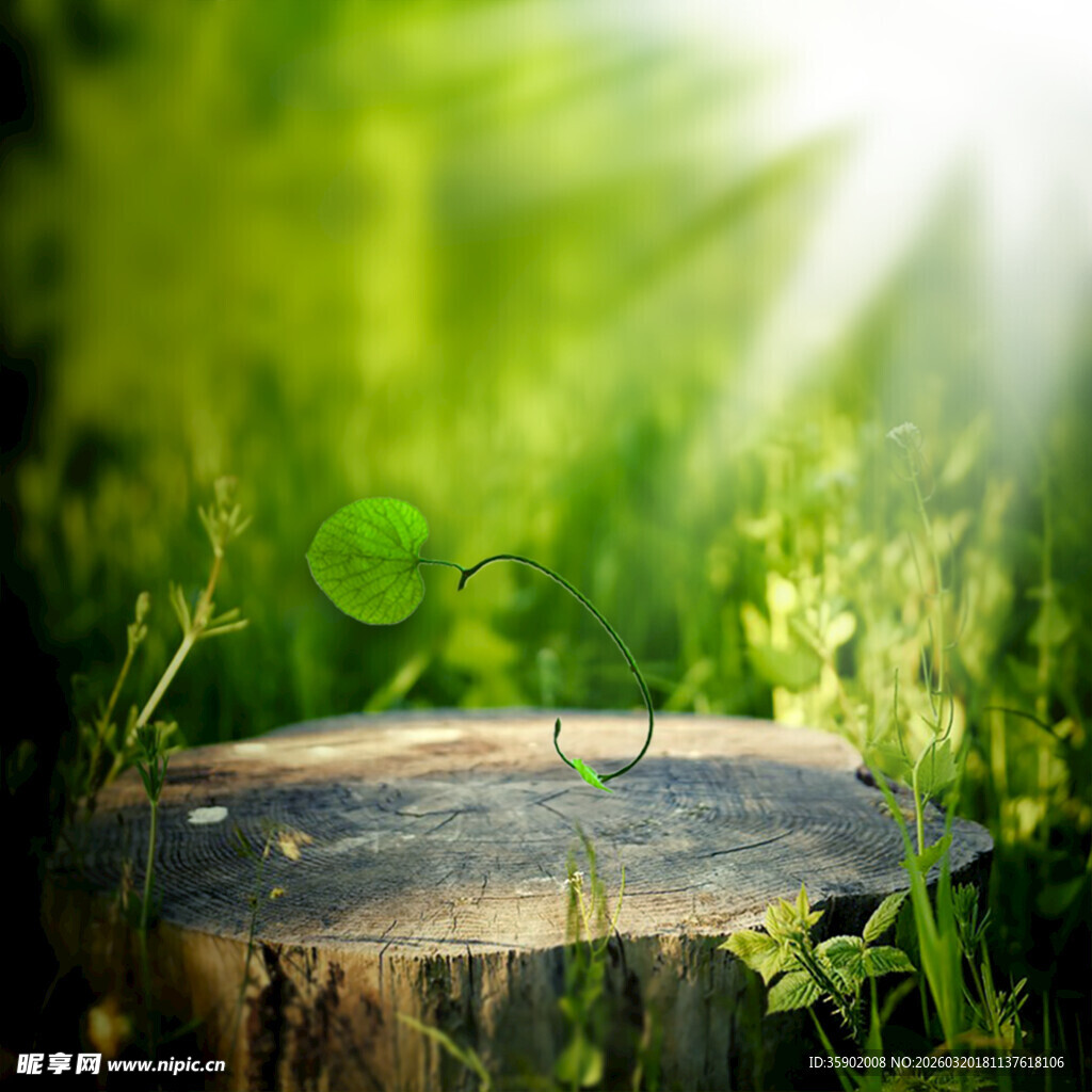 树桩新生苗绿意盎然