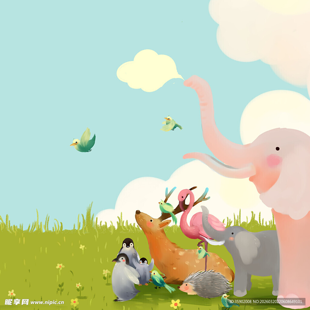 草地上的动物欢乐聚会