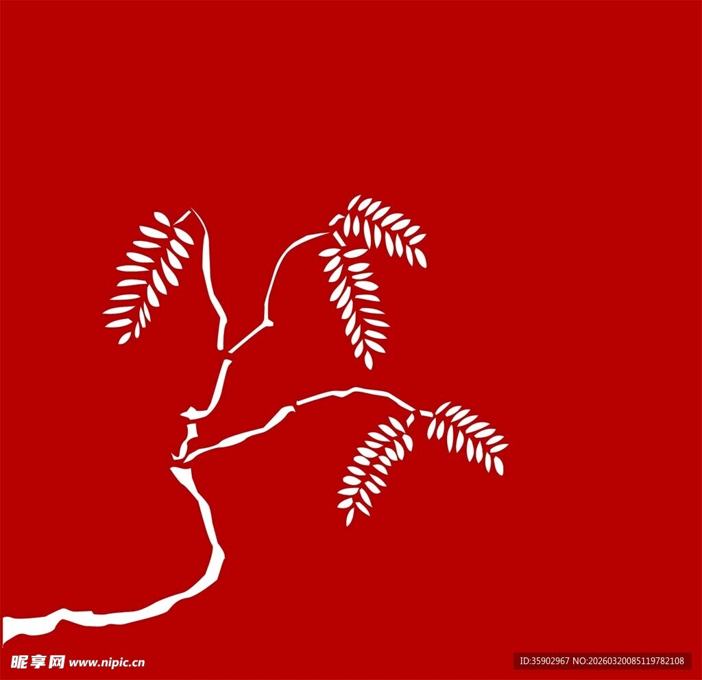 红色背景上的白色枝叶图案
