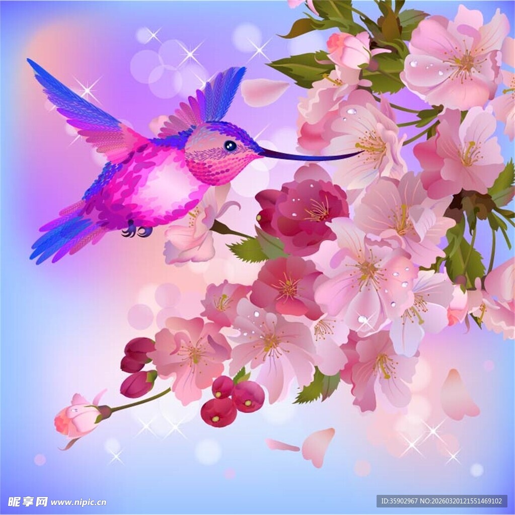 蜂鸟飞舞于烂漫樱花间